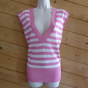 Cache Pink White Stripe Shimmer Knit Vest Sleeveless Sweater Top Vest Tunic XS